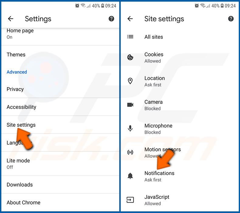 Disabilitare le notifiche del browser Chrome nel sistema operativo Android (passo 2)