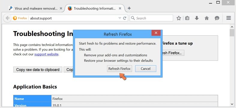 Ripristino delle impostazioni di Mozilla Firefox per impostazione predefinita - le impostazioni confermando ripristinare facendo clic sul
