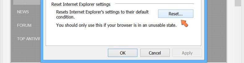 Ripristino delle impostazioni di Internet Explorer di default su Windows 8 - Fare clic sul pulsante Ripristina nella scheda Opzioni Internet avanzato