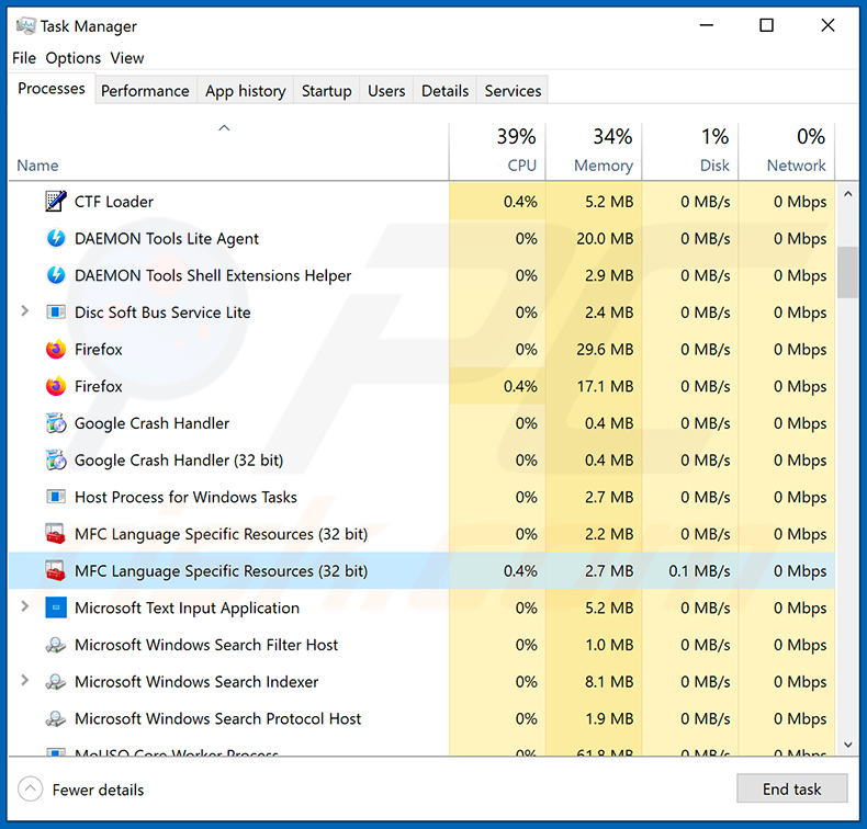 Processo malware in esecuzione in Task Manager