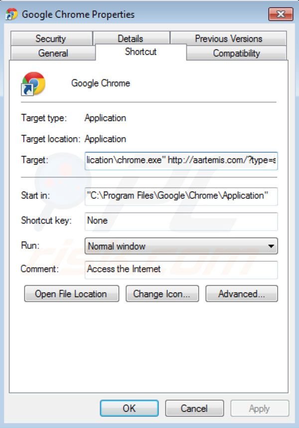Aartemis rimozione dal collegamento a Google Chrome 