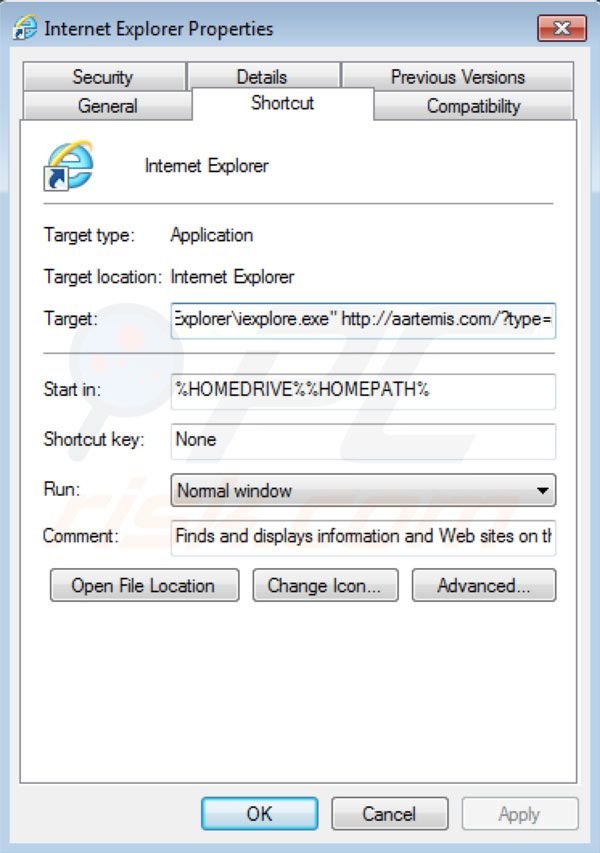 Aartemis virus rimozione dal collegamento a Internet Explorer