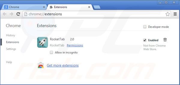Rimuovere Rocket tab ads da Google Chrome step 2