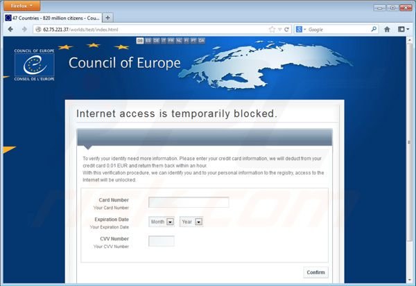 Council of Europe virus che ruba i dati della carta di credito
