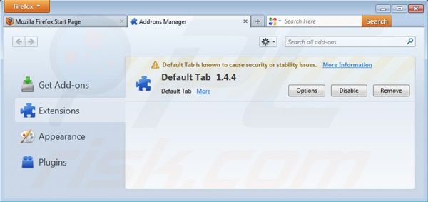 Rimuovere Default tab virus dalle estensioni di Mozila Firefox 