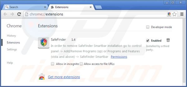 Rimuovere isearch.safefinder.net dalle estensioni di Google Chrome 