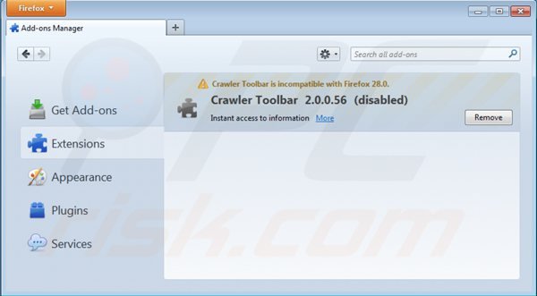 Rimuovere crawler toolbar dalle estensioni di Mozilla Firefox