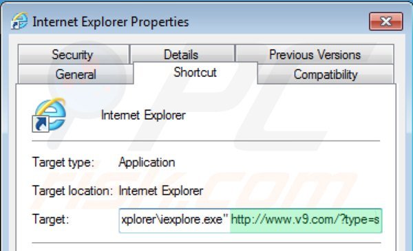 Rimuovere v9.com dal collegamento rapido a Internet Explorer step 2
