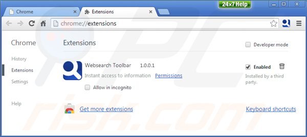 Rimuovere websearch toolbar dalle estensioni di Google Chrome 