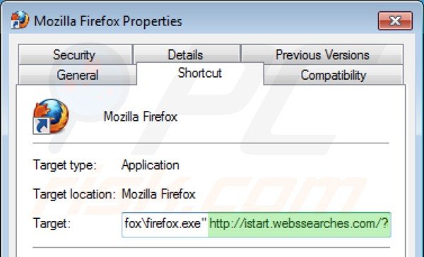 Rimuovere istart.webssearches.com dal collegamento rapido a Mozilla Firefox step 2