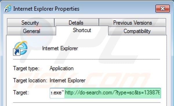 Rimuovere 22find.com dal collegamento di scelta rapida di Internet Explorer step 2