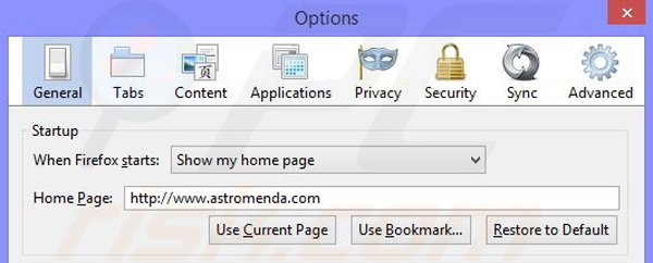 Rimuovere Astromenda.com redirect da Mozilla Firefox step 2