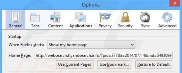 Rimuovere websearch.flyandsearch.info dalla Mozilla Firefox homepage