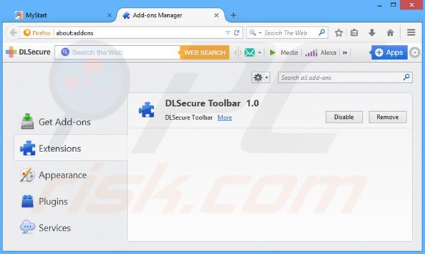 Rimuovere DLSecure toolbar da Mozilla Firefox 