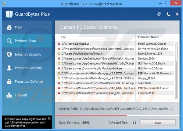 GuardBytes Plus mentre esegue un falso monitoraggio