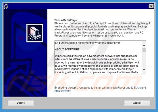 Ingannevole installer del software utilizzato nella distribuzione di Winner Media Player adware