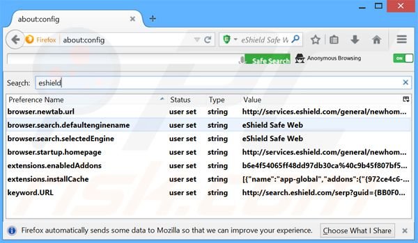 Rimozione di search.eshield.com da Mozilla Firefox motore di ricerca predefinito
