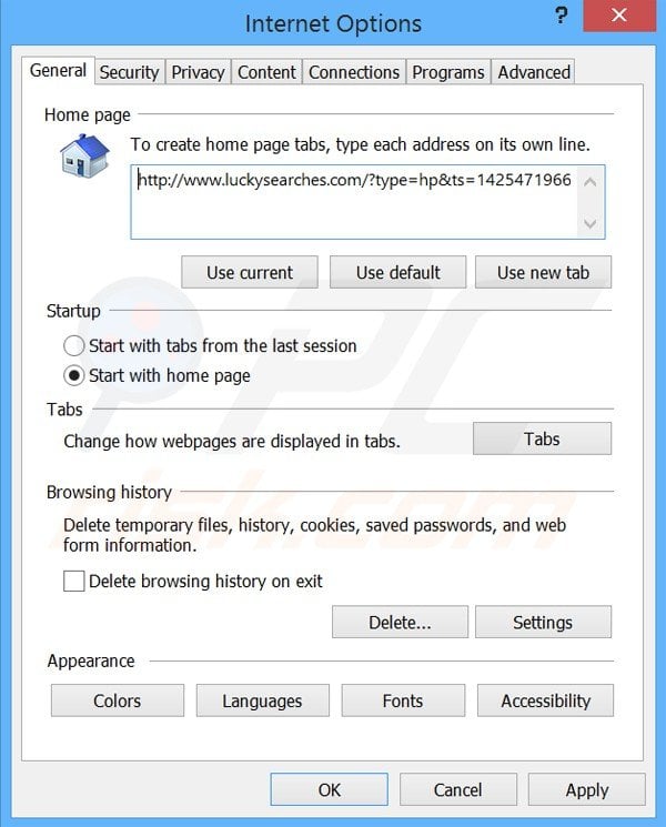 Rimuovere luckysearches.com dalla Internet Explorer homepage