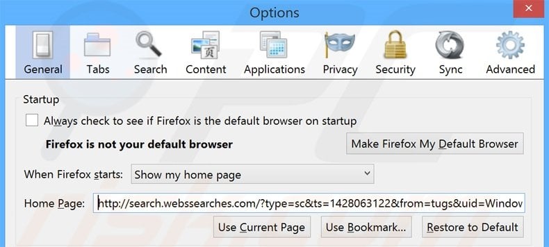 Cambia la tua homepage search.webssearches.com da Mozilla Firefox