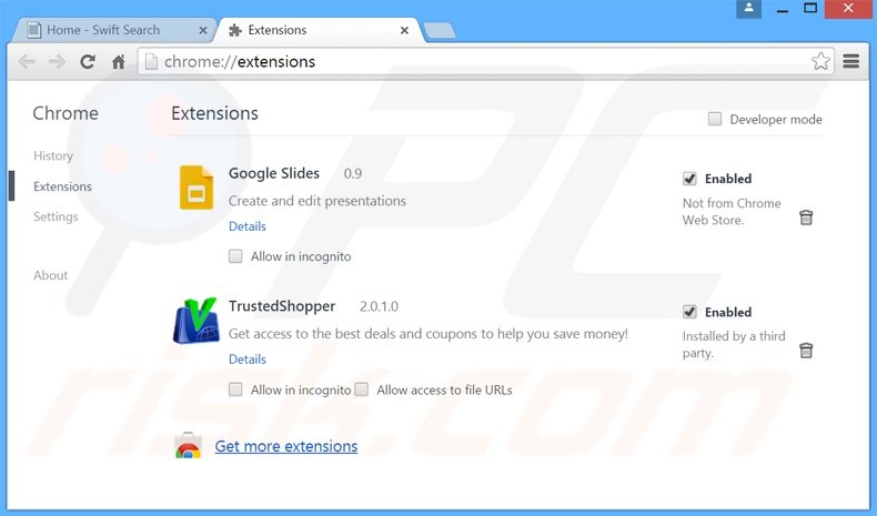 Rimuovere Swift Search adware da Google Chrome step 2