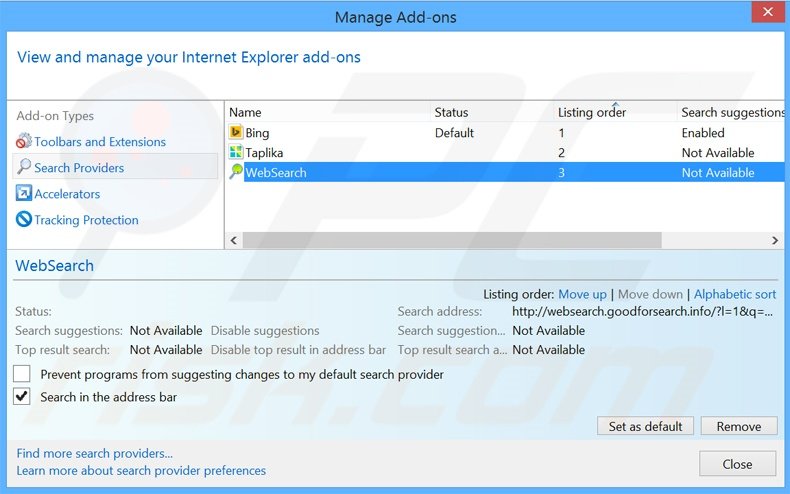 Removing thesmartsearch.net from Internet Explorer default search engine
