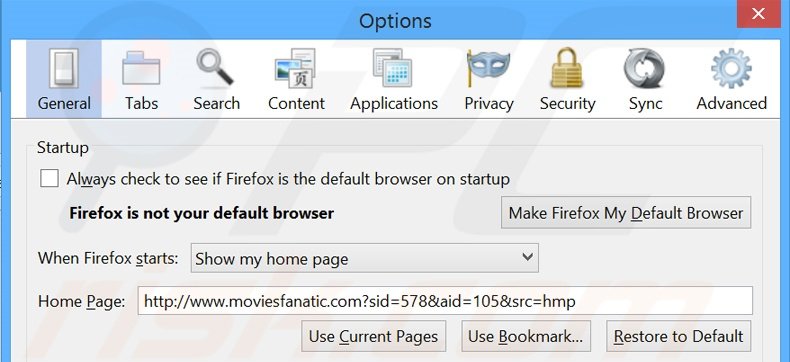 Cambia la tua homepage moviesfanatic.com da Mozilla Firefox
