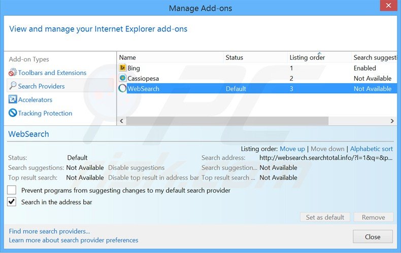 Cambia il motore di ricerca predefinito websearch.searchtotal.info da Internet Explorer