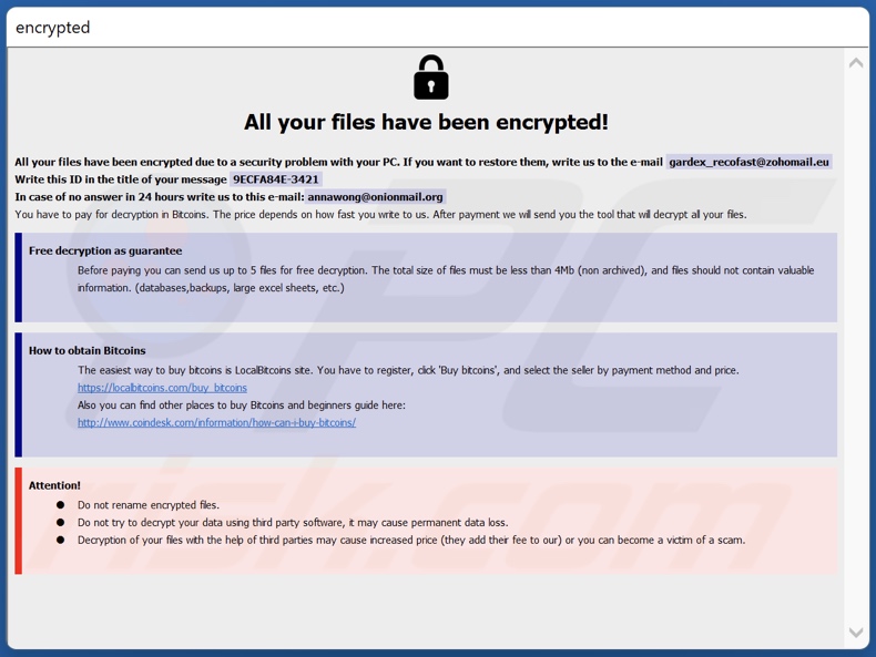 Screenshot della finestra pop-up di Faust ransomware (