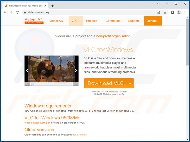 Screenshot di un falso sito Web di download di VLC Player (videolan-web[.]org) utilizzato per diffondere Lumma stealer: