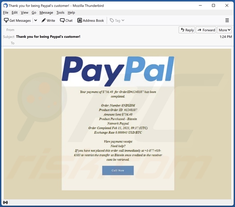 PayPal - Order Has Been Completed campagna di spam tramite posta elettronica
