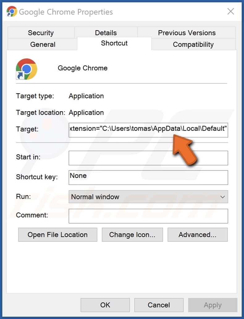 Target del collegamento Chrome modificato da una falsa estensione di Google Drive