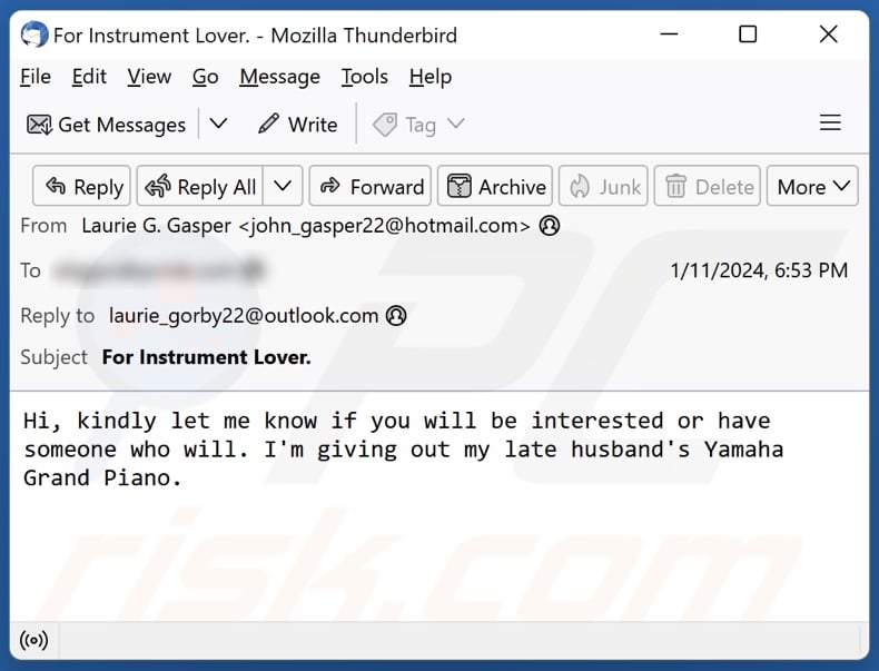 Screenshot di un'altra variante dell'e-mail di spam 