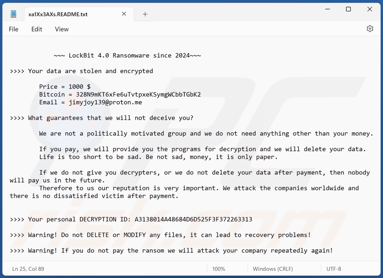 Screenshot del file di testo del ransomware LockBit 4.0 (