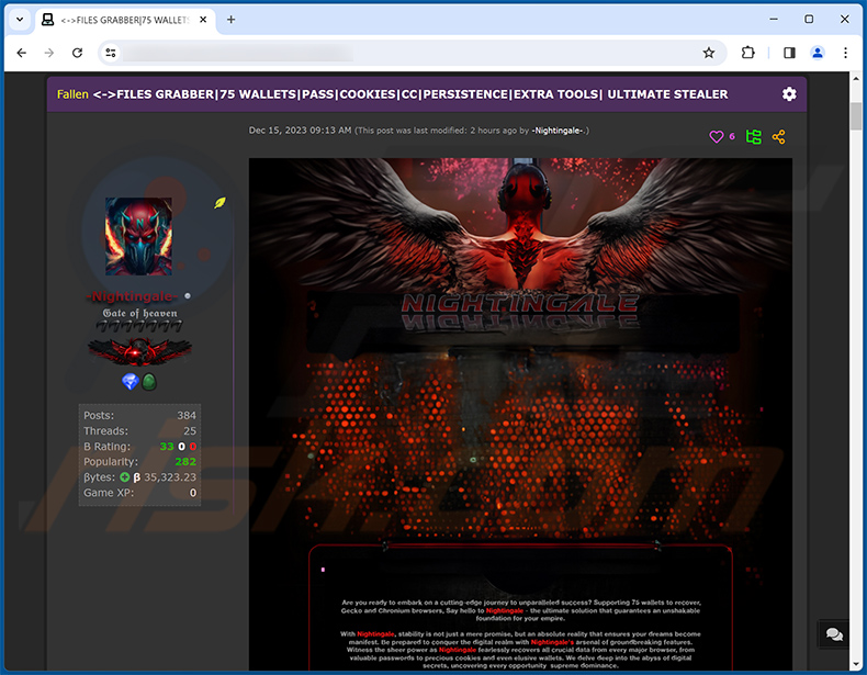 Nightingale promosso sul forum degli hacker