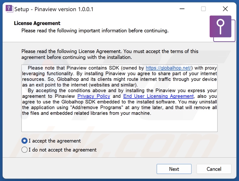 Configurazione dell'installazione dell'applicazione Pinaview: