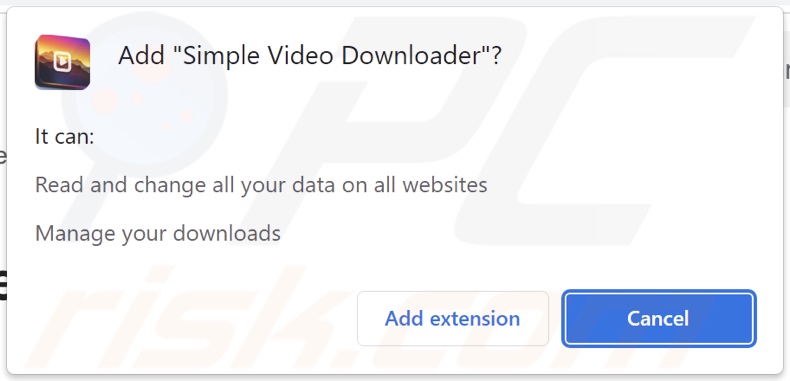 Screenshot delle autorizzazioni richieste dall'adware Simple Video Downloader