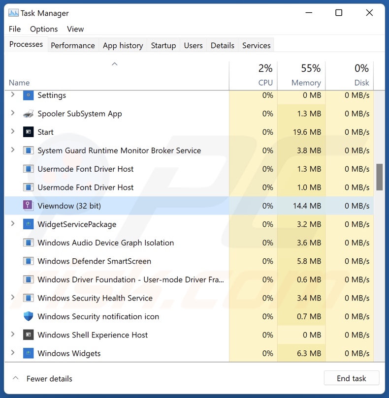 Processo dell'applicazione Viewndown su Task Manager di Windows