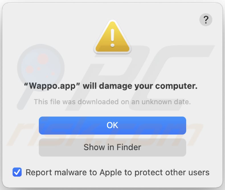 Avviso pop-up dell'adware Wappo.app