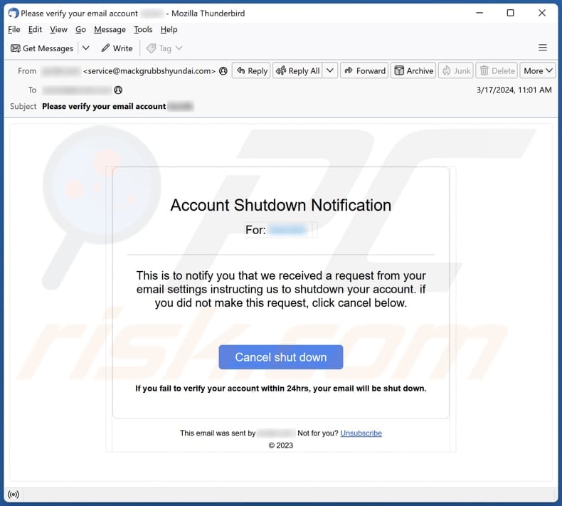 Account Shutdown Notification campagna di spam tramite posta elettronica
