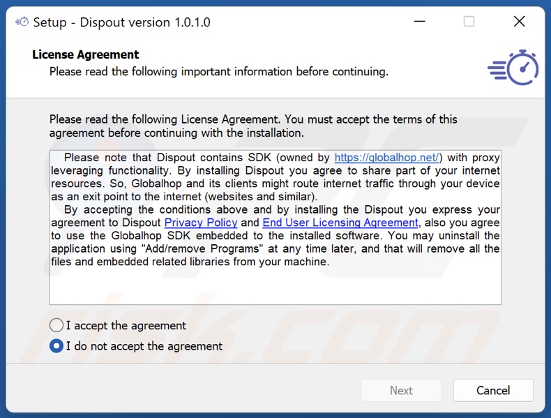 Configurazione dell'installazione dell'applicazione Disspout