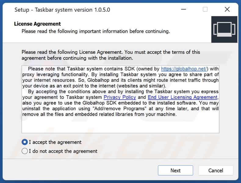 Configurazione dell'installazione dell'applicazione Taskbar system