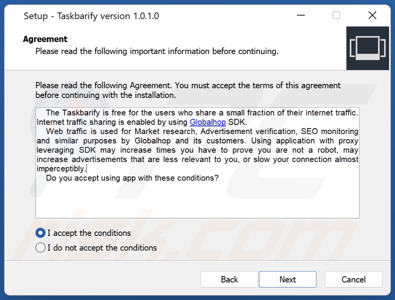 Configurazione dell'installazione dell'applicazione Taskbarify