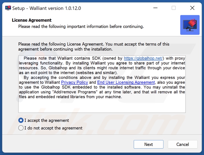 Configurazione dell'installazione dell'applicazione Walliant