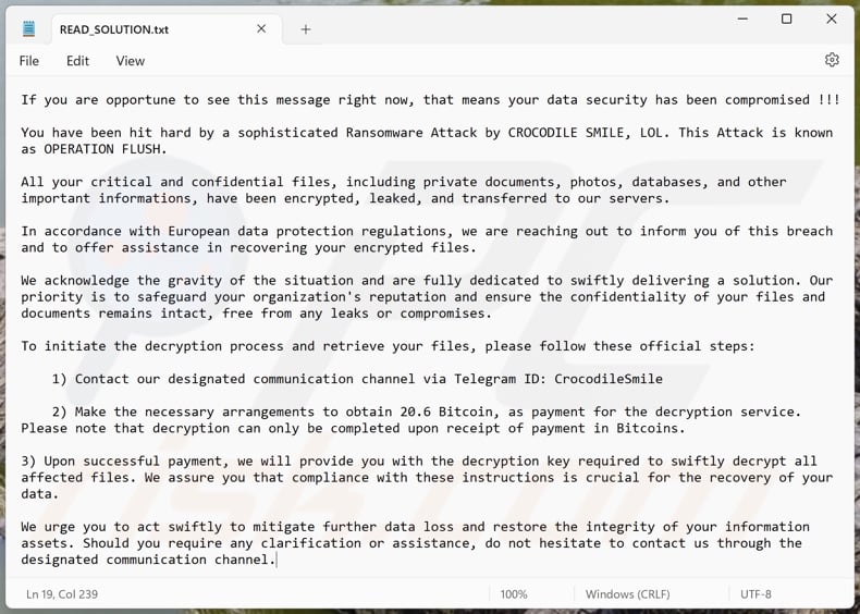 Screenshot del file di testo del ransomware Crocodile Smile (