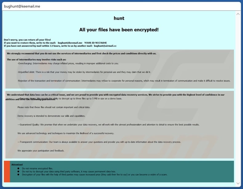 Hunt ransomware nota di riscatto (pop-up)