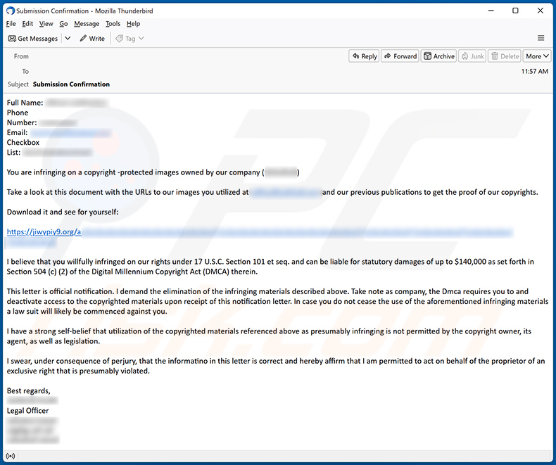 Esempi di email spam che diffondono il malware Latrodectus (Campione 1)