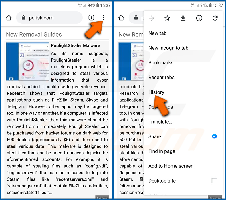 Eliminazione della cronologia di navigazione web da Chrome nel sistema operativo Android (passaggio 1)