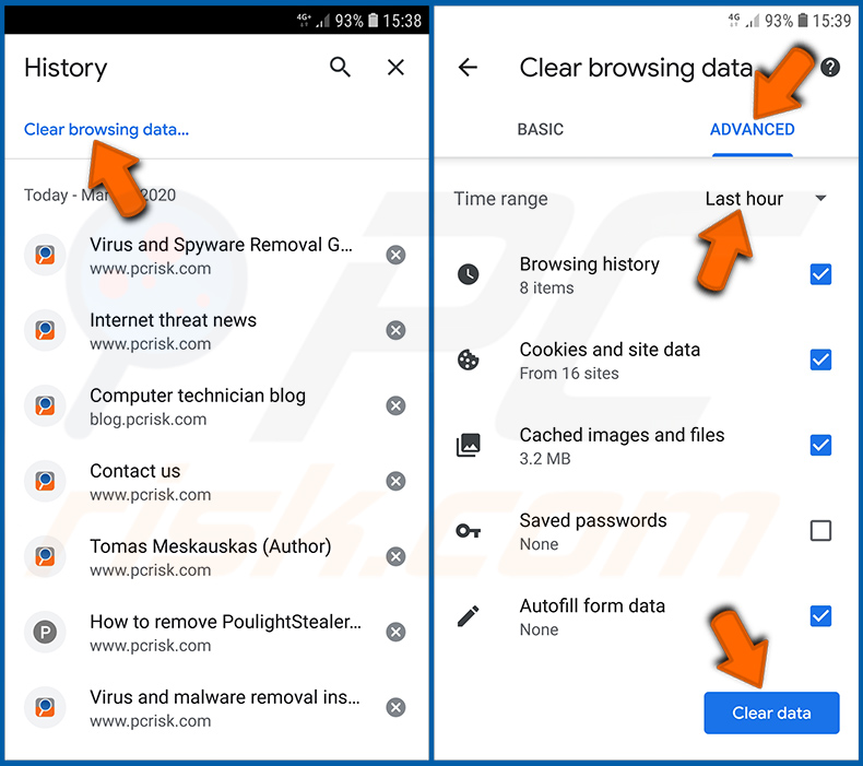 Eliminazione della cronologia di navigazione web da Chrome nel sistema operativo Android (passaggio 2)