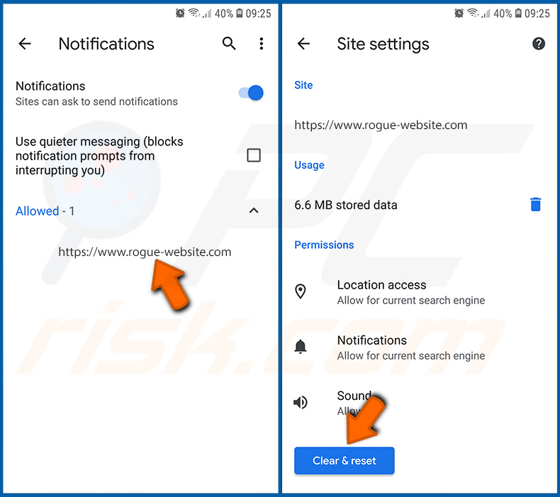 Disabilitare le notifiche del browser Chrome nel sistema operativo Android (passo 3)