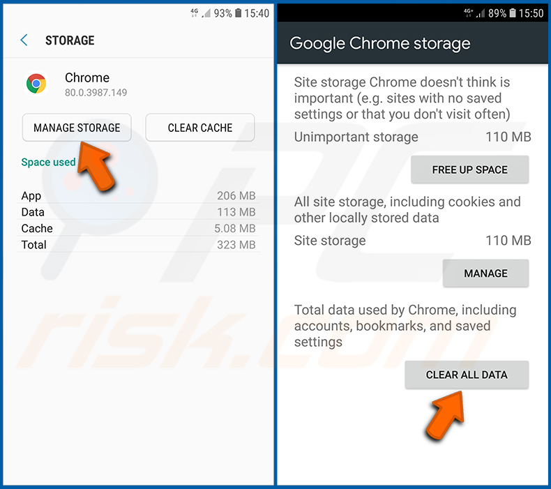 Ripristino del browser Chrome ai valori predefiniti nel sistema operativo Android (passaggio 2)